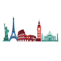 Naklejka premium Famous Landmarks Skyline: Travel and Tourism Silhouette Illustration
