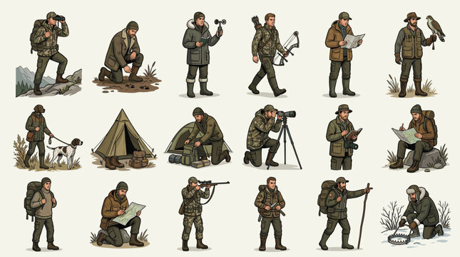 Set of male hunters and campers in nature. Vector illustration of men with outdoor gear setting up tents reading maps looking through binoculars and tracking.