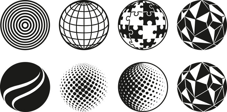 Abstract Globe and Sphere Black Icon Vector Set Featuring Halftone Grid Puzzle Concentric Circles and Low Poly Geometric Designs