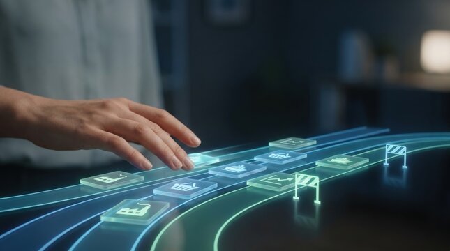 Policy Divergence - Soft close-up of a hand moving growth tiles at varying speeds on a minimal, clean digital interface.