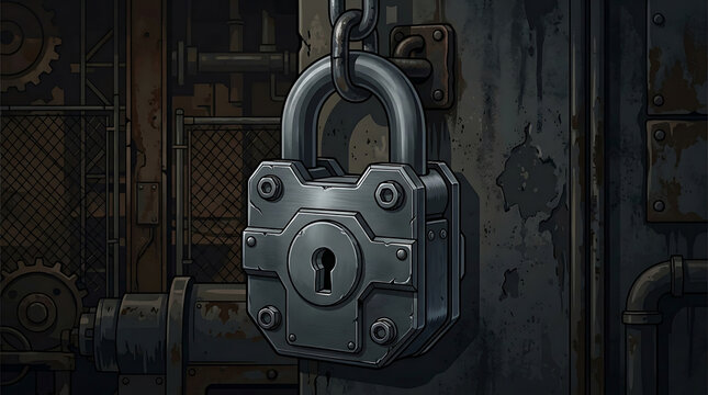 Old metal padlock on rusty door, nobody, close-up, dark and mysterious