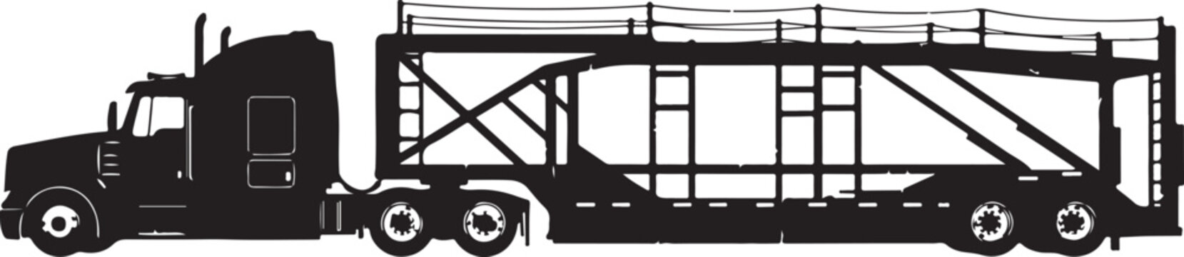 Detailed black and white vector illustration of a commercial semi truck pulling an empty car carrier auto transport trailer showing detailed side view profile icon