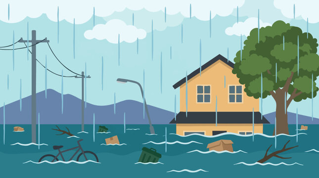 Vector illustration of flooded street and house during heavy rainfall