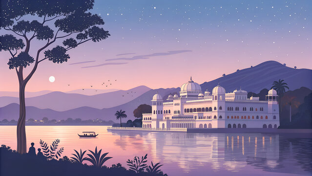 Udaipur palace by the lake, luxury travel vector illustration, pastel evening colors, clean flat design