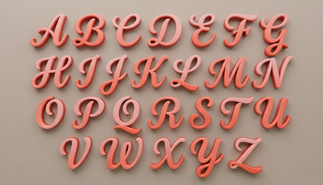 "Complete 3D Uppercase English Alphabet Set in Coral Pink Script and Cursive Calligraphy Style on Beige Background"
