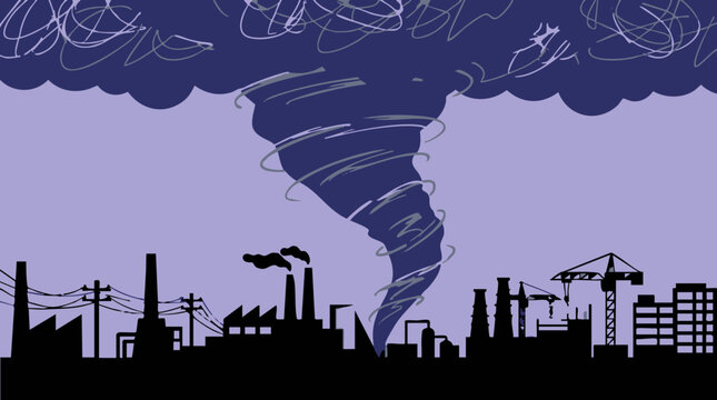 Powerful tornado threatening an industrial city skyline under a stormy sky