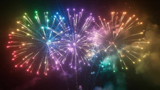 虹色花火が炸裂する発光ループ背景素材