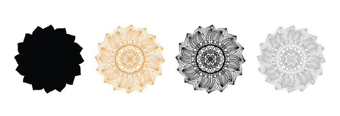 Collection of floral starburst designs with unique petal shapes and circular center patterns. Outline Mandala for coloring book, anti-stress therapy pattern. Ethnic decorative round elements. © Kayla