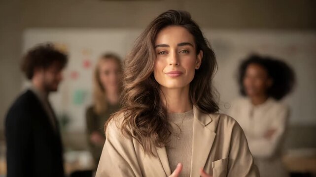 Female diversity. Human rights, equal opportunity concept. A portrait of a woman with long, wavy brown hair, wearing a beige blazer and a lightcolored top.