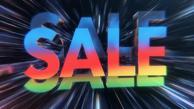 Bold SALE text in vibrant gradient style with fast motion lines on a dark backdrop, conveying a dynamic promotion concept