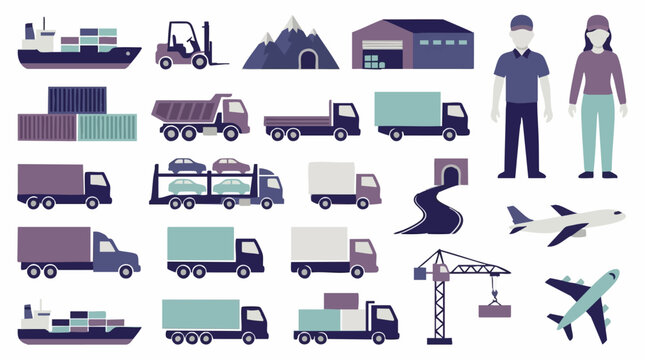 Flat Vector Icons of Logistics, Global Shipping, and Transportation Industry