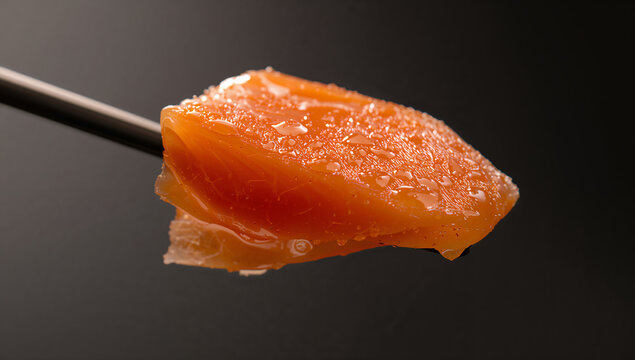 Fresh piece of premium smoked salmon on a metal skewer against dark background