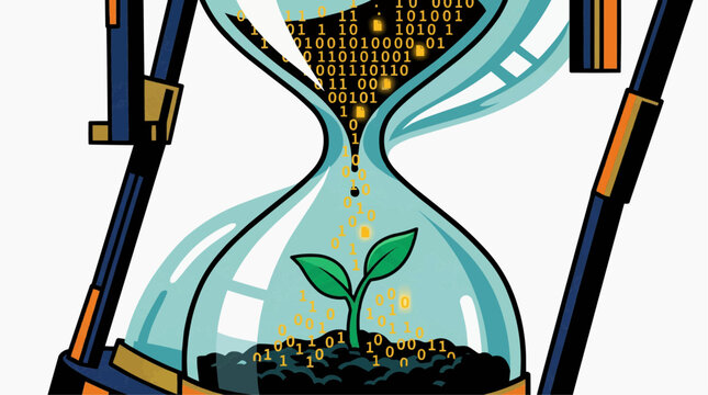 Hourglass with binary code flowing into a growing plant symbolizing digital growth and innovation