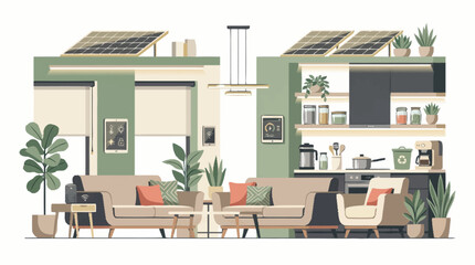 Fototapeta premium Modern eco-friendly apartment interior with solar panels and plants.