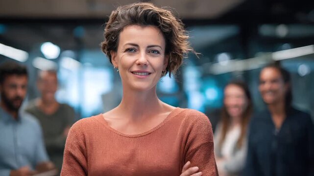 Female diversity. Human rights, equal opportunity concept. A portrait of a woman in a professional setting, captured in a candid moment. She wears a rustcolored, roundnecked top and has short, wavy.