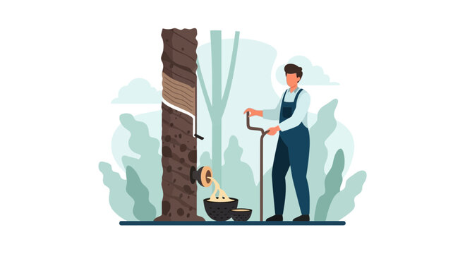 Rubber Tapper Harvesting Latex from Tree, Agricultural Worker Collection
