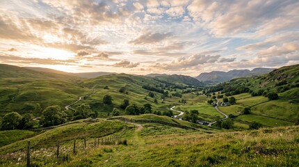 Obraz premium Breathtaking Rolling Hills Landscape at Golden Hour with Scenic Roads