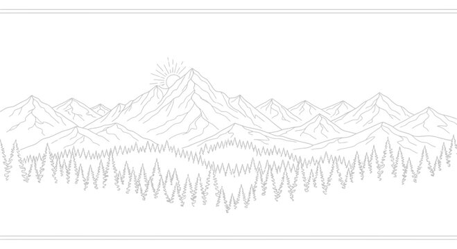 Majestic Mountain Range with Sunrise Over Snowy Peaks and Pine Forest Landscape