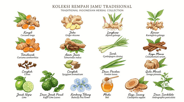 Traditional Indonesian herbs and spices collection with labeled ginger, turmeric, galangal, lemongrass, cinnamon, pandan, lime, tamarind and honey