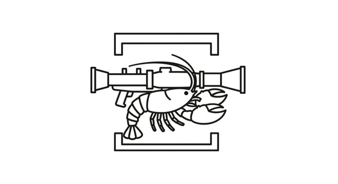 Lobster holding rocket launcher in a frame, surreal, funny, absurd, cartoon style