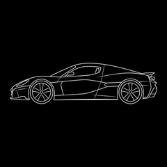 Fototapeta premium Minimalist Futuristic Sports Car Side Profile White Line Art Black Background 