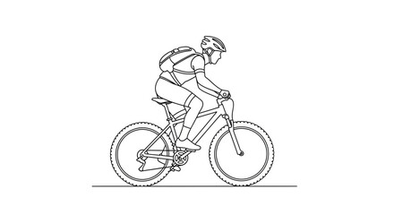 Obraz premium Line art illustration of a person cycling on a mountain bike, wearing a helmet and backpack