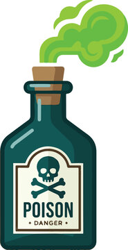Poison bottle vector, toxic flask with skull and crossbones icon, chemical hazard warning symbol, lethal liquid container, green smoke gas illustration, flat design death icon, apothecary bottle graph