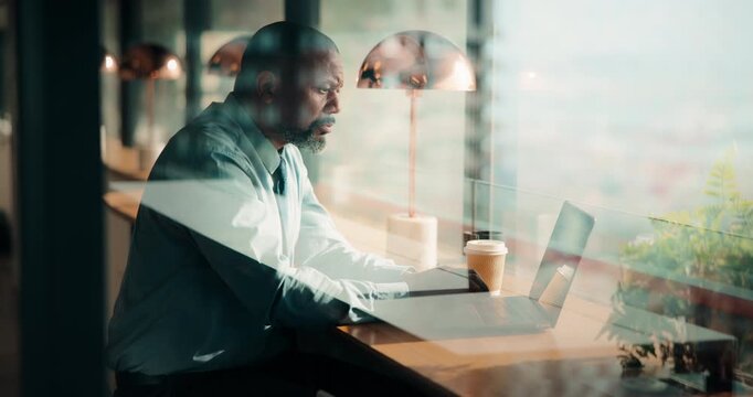 Laptop, black man and thinking in coffee shop with stress, worried or decision for online business. Mature, entrepreneur and typing in cafe for startup risk, confused or loan application in window