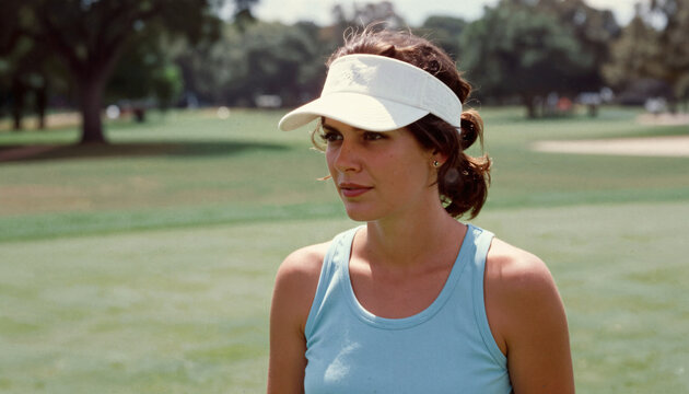 Junge Frau im sportlichen Outfit blickt &uuml;ber den Golfplatz