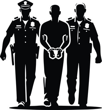 Two police officers escorting a handcuffed prisoner in this high contrast graphic illustration on white background