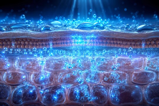 3D illustration of human skin cell layers showing microscopic epidermis structure under blue light
