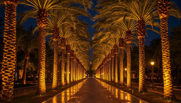 Palm trees line illuminated pathway at night urban landscape