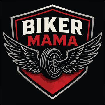 Biker mama shield logo design featuring a stylized motorcycle wheel with detailed feathered wings in bold red and black colors