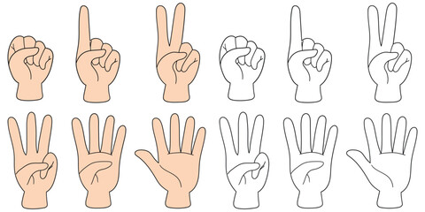 Fototapeta premium Hand-drawn cartoon and doodle set of hand gestures on a white background.