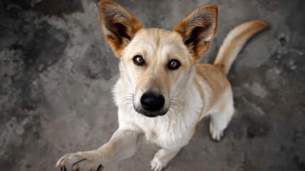Fototapeta premium Playful Dog Reaching Out with Paw Against a Neutral Background