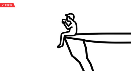 Fototapeta premium Man sitting on cliff edge drinking coffee, contemplation, solitude, risk, danger
