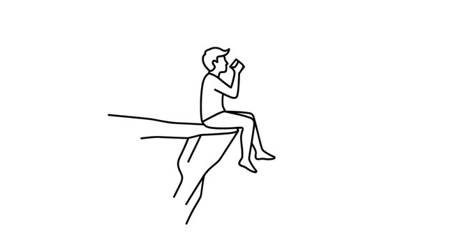 Man sitting on cliff edge drinking coffee, enjoying view, contemplation, risk, solitude