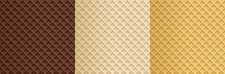Obraz premium Waffle diagonal bg with texture of chocolate wafer. Milk honey cookie pattern. Biscuit lattice or cone summer bg, stroopwafel rectangle. Cake seamless waffle with caramel texture for backdrop bakery