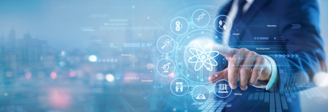 Medical researcher. Laboratory scientist touching Biotechnology virtual screen to study genetic engineering sequences, analyze molecular structures, and develop advanced healthcare vaccines.