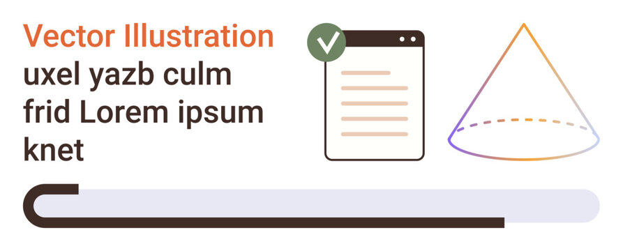 Education, data visualization, design process, diagrams, certification, presentation tools. A document icon with a check mark, a cone shape and placeholder text on a neutral background. Education