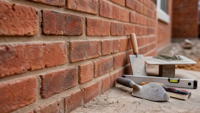masonry. Textured brick wall with masonry tools, highlighting construction and craftsmanship. real-estate listings.