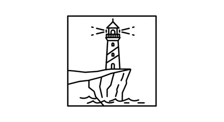 Fototapeta premium Minimalist Lighthouse on Cliff Edge with Ocean Waves, Line Art