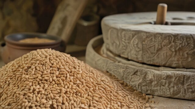 emmer. Heap of hulled emmer grains beside a traditional stone mill. safety posters, maintenance manuals, designed for industrial assembly lines and welding operations.