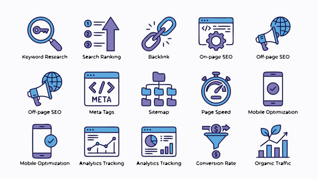 Comprehensive Collection of 15 SEO and Digital Marketing Icons including Keyword Research, Search Ranking, Backlinks, On-page and Off-page SEO, Meta Tags, Sitemap, Page Speed, and Analytics Tracking