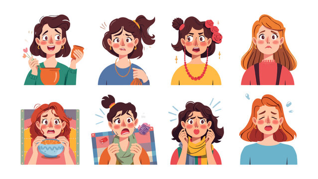 Collection of Woman's Expression of Fear: A set of eight illustrated portraits showcasing diverse women expressing various degrees of fear, anxiety.
