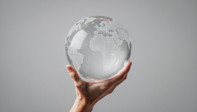 A person's hand is shown holding a delicate, transparent crystal globe against a neutral grey background. The globe features a detailed white outline of the world's continents and international borde