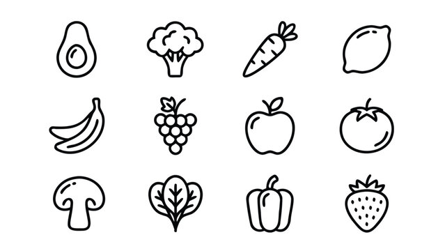 Set of 12 Minimalist Fruit and Vegetable Line Icons Including Avocado, Broccoli, Carrot, Lemon, Banana, Grapes, Apple, Tomato, Mushroom, Spinach, Bell Pepper, and Strawberry for Healthy Food Design.