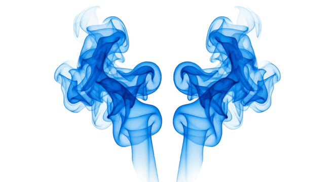 Symmetrical blue abstract smoke swirls and wisps on a plain white background, mirrored plumes of digital ink or vapor creating organic flowing shapes in a clean composition.