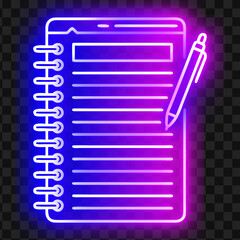 Obraz premium Neon Lined Spiral Notebook and Pen Vector Illustration Icon