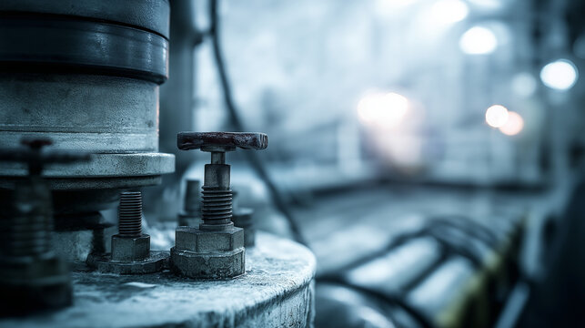 wellhead. Close-up of an industrial wellhead assembly with intricate steel pipes. safety posters, maintenance manuals, designed for precision metalworking and fabrication facilities.
